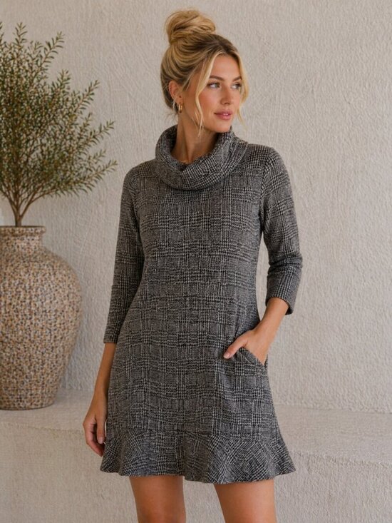 Tribal Femme Dresses & Skirts - Tribal Femme Petite Black & White Plaid Cowl Neck Sweater Dress P/S NWT Made in
